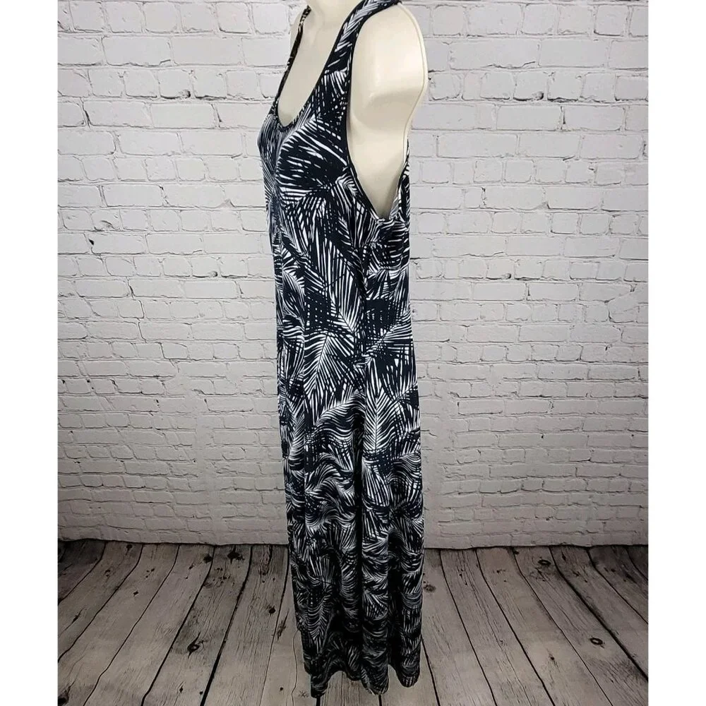 Michael Kors Navy & White Palm Leaf Front Slit Stretch Midi Dress Size Medium M